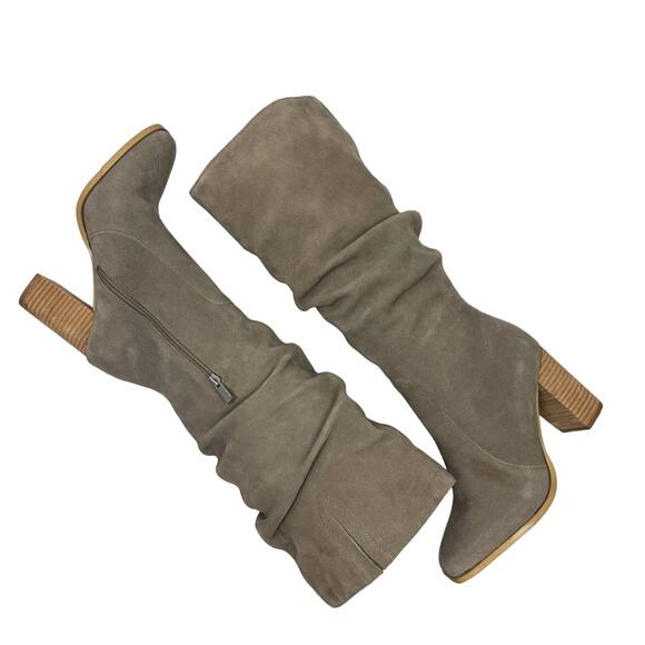 Splendid | Gloria Taupe Suede Leather Block Heel Square Toe Scrunch Riding Boots - Picture 9 of 13